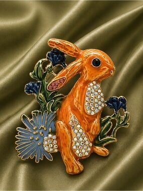 Orange Crystal Bunny Brooch with Blue Flower Accents